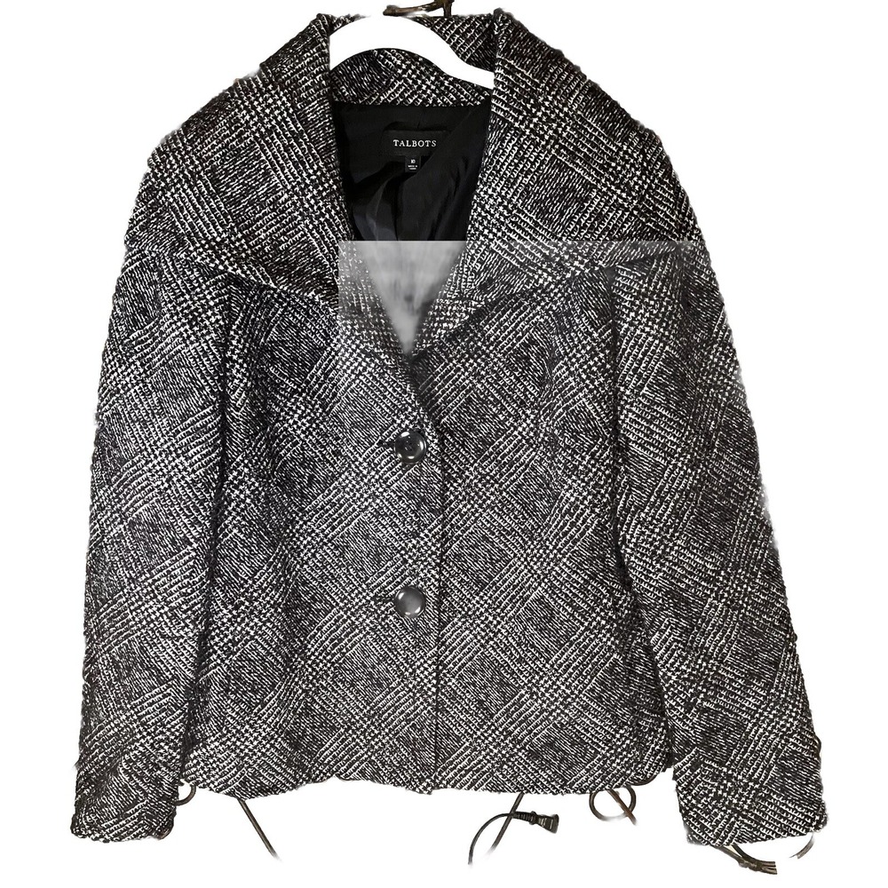 Talbots Womens Wool Blazer Jacket, Gray‎ White Design, Size L
